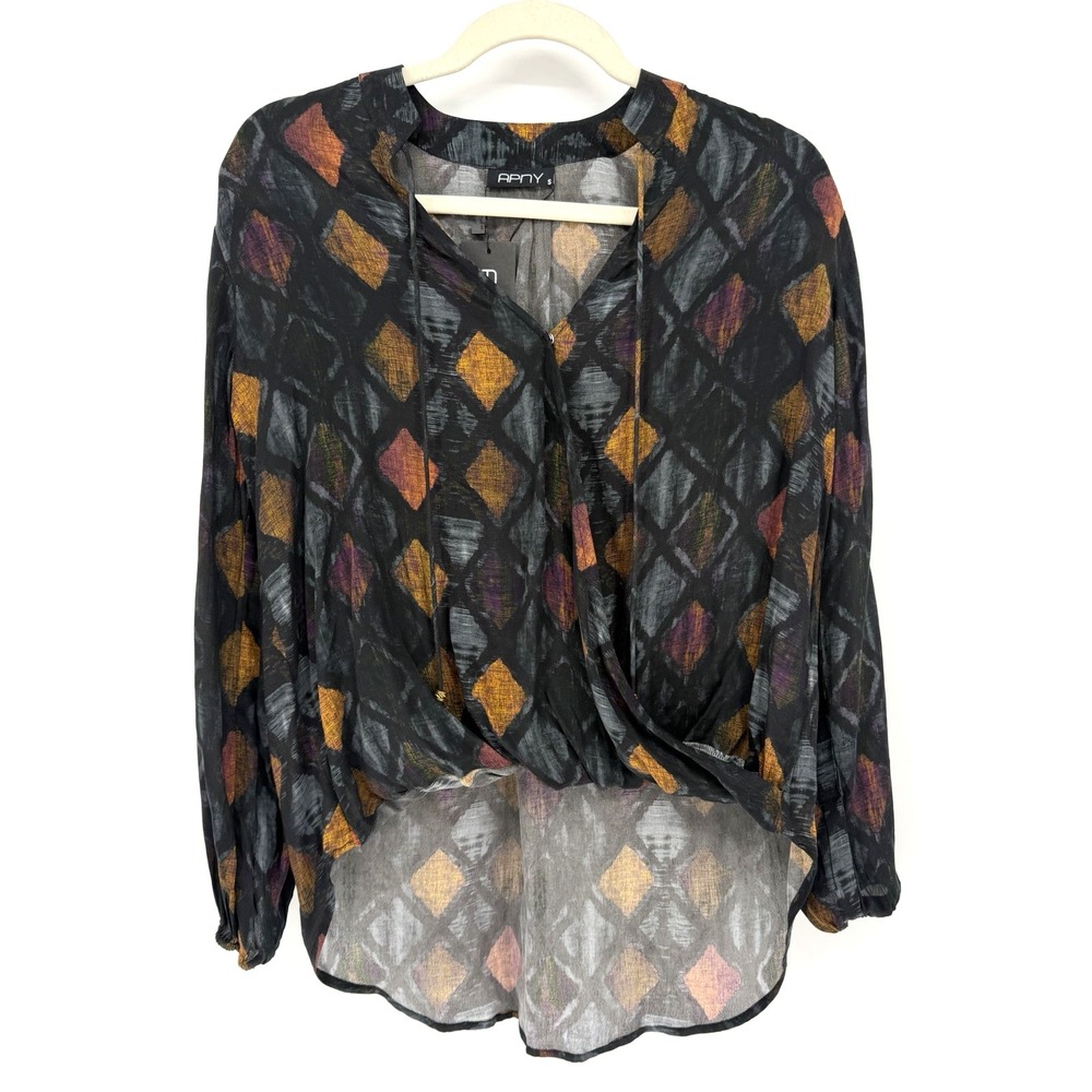 APNY Blouse Vegan Silk Womens Small Artistic Artsy Earthy Glam Diamond Print